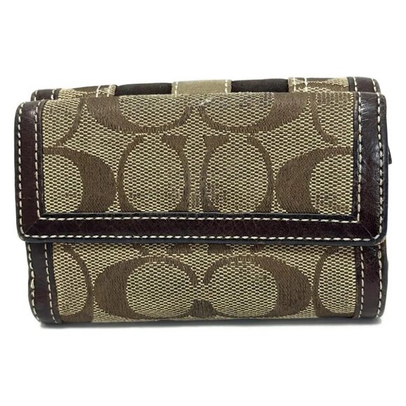 Auth COACH Signature - Khaki Dark Brown Jacquard Leather Trifold Wallet - Picture 6 of 6